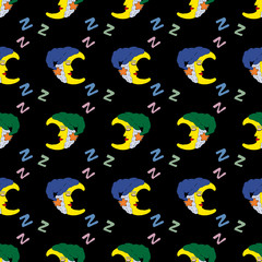 Seamless pattern beautiful moon (crescent) in nightcap sleeps in dark sky. Snoring zzz. Vector hand drawn illustration. Good night. Great design for kids room, wrapping paper, postcard, fabric.