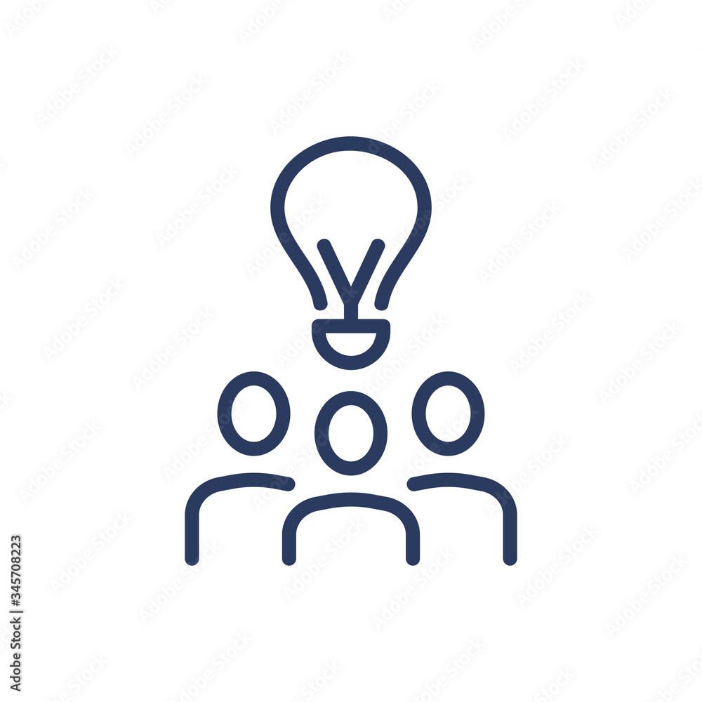 Poster creating idea thin line icon. bulb, brainstorming, team isolated outline sign. teamwork and business
