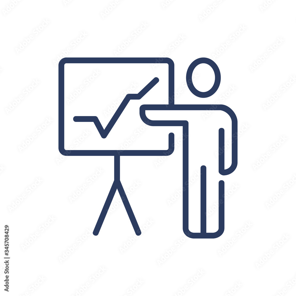 Poster manager showing graphic thin line icon. growth, analysis, analytics isolated outline sign. teamwork 