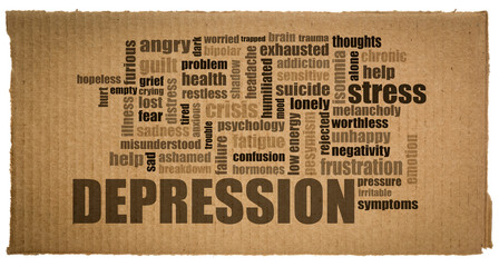 depression word cloud on corrugated cardboard