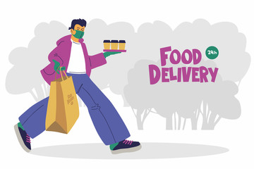 Food delivery. A young man, a courier or a volunteer in a medical mask and medical gloves delivers food from a supermarket. Contactless delivery. Vector. Flat style. Copy space