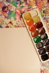 Watercolor paints with brush, watercolor brush strokes.