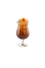 Refreshing cold cherry cola cocktail with orange slice isolated on white background