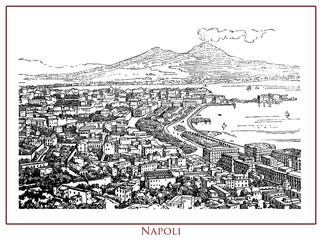 Vintage illustrated table with a panoramic view of Naples (Napoli) capital of Campania region of Southern Italy. The city is an important Mediterranean port near Mount Vesuvius active volcano - obrazy, fototapety, plakaty