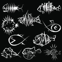 Fish logo icon sign abstract silhouette Hand drawn grunge Artistic old ancient fashion design style for gallery restaurant clothes  print greeting invitation card banner badge poster flyer vector