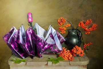Still life with a female umbrella and Rowan branches in a vase .