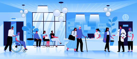 Medical center reception flat vector illustration. Men and women waiting in line, doctor speaking with patients cartoon characters. Hospital waiting room interior. Healthcare and medicine concept