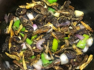 Eggplant with sprats, green chilli and onions