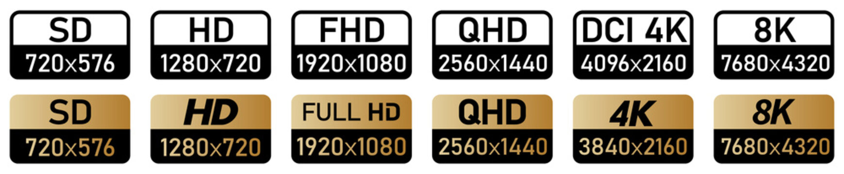 Set of video resolution icons, black and white or gold version