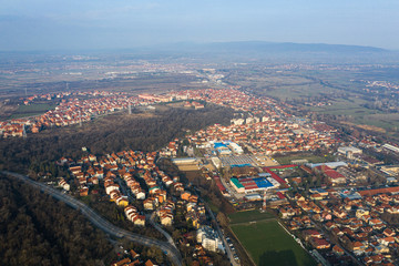 Drone photo of the city of Nis at foggy morning, Serbia cityscape