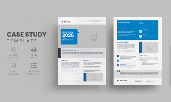 Case Study Template | Business Case Study Booklet Layout with blue elements | Double Side Flyer Template