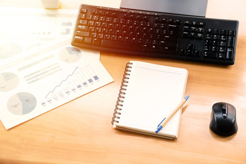 Empty open notebook on white wood table top view,