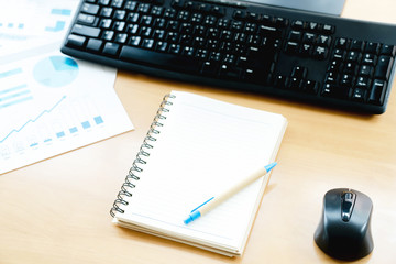 Empty open notebook on white wood table top view,