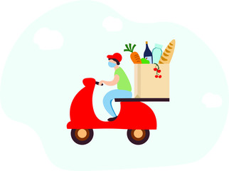 food delivery, cafe, restaurant. Service concept, online order. Man on red bike. flat design. Concept for logo, cards, print, menu