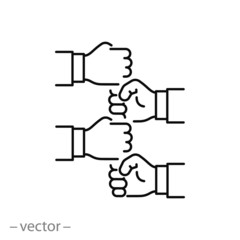 putting their fist on top of each other icon, building teamwork company, collaboration business group, employees together, thin line web symbol on white background