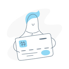 Credit card, financial and payment opportunities concept. Cute happy cartoon man, cardholder holding a bank card. Flat thin line vector illustration on white background. 