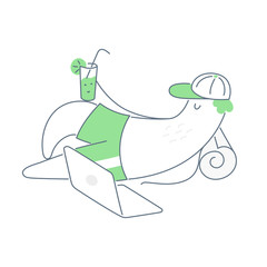 A man lies on a lounger or on a sandy beach, drinks a cocktail, and relaxes. Summer holiday, freelance, remote work. Vacation at the sea. Flat line vector illustration on white.