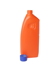 opened orange blank bottle with blue lid, isolate on white background