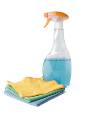spray or glass cleaner, window spray and multi-colored rags, transparent plastic spray bottle with liquid cleaning agent and wipes for cleaning, blank, isolate on a white background