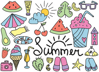 Fototapeta na wymiar Summer doodles set. Hand style Color vector items. Illustration with random elements. Design for prints and cards.