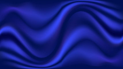 Blue silk wavy background. Smooth shiny satin texture, deep blue wave color flow. Abstract vector illustration