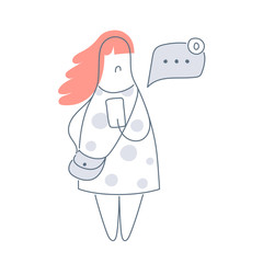 No messages concept. Sad cute young woman holding mobile phone with no message sign. Loneliness, isolation concept. Flat thin line vector illustration on white.