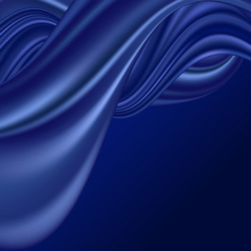 Blue Wave Silk Background. Smooth Satin Fabric Texture, Elegant Swirl Color Flow. Abstract Design, Vector Illustration