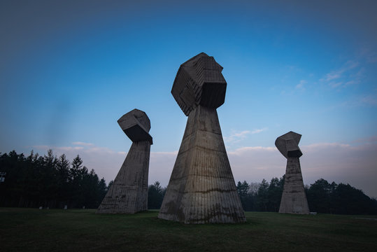 Aerial view of Bubanj Memorial Park in Nis. It is a monument and historic landmark for Serbian Vistims of WWII.
