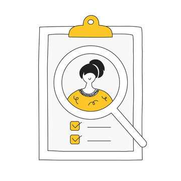 Recruitment, job candidate review, CV analysis concept. Curriculum vitae under a magnifying glass. Flat line vector illustration on white.