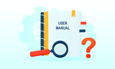 User manual document concept. Requirements and specifications document. Magnifier icon and question mark with gears on the blue background
