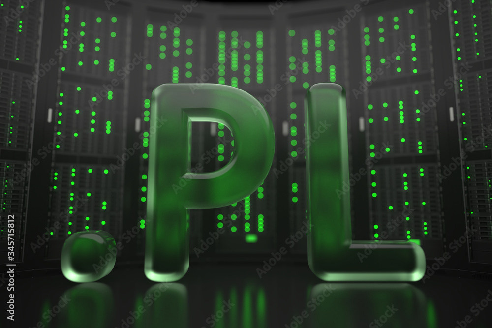 Poster polish domain .pl on server room background. internet in poland related conceptual 3d rendering
