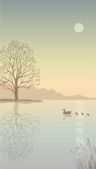 Fototapeta premium Beautiful autumn landscape with a tree by the river.Vector illustration of ducks floating on water.