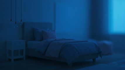 Bedroom designed for girls. Kids room design. Night. Evening lighting. 3D rendering.