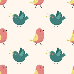 seamless pattern with funny singing birds on the pink background. Vector hand drawn summer forest illustration. Seamless pattern for your animal fabric design, textile, wallpaper