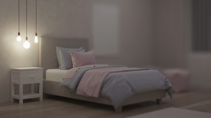 Bedroom designed for girls. Kids room design. Night. Evening lighting. 3D rendering.