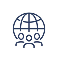 Globe and corporate staff thin line icon. Worldwide, earth, global isolated outline sign. Teamwork and business concept. Vector illustration symbol element for web design and apps