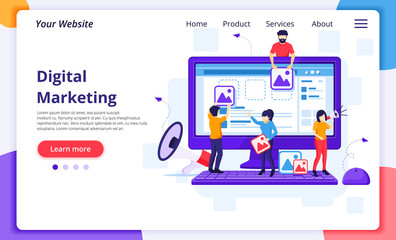 Obraz na płótnie Canvas Digital Marketing concept, people are putting content on-screen to promote products online. Modern flat web page design for website and mobile development. Vector illustration