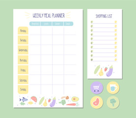 Weekly Meal planner and Shopping list with simple flat illustrations and stickers. Template for agenda, meal healthy planners, and other stationery. Isolated. Vector.