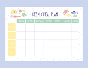 Weekly Meal Planner with simple flat illustrations. Template for agenda, meal healthy planners, and other stationery. Isolated. Vector.