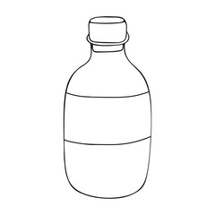 Vector outline illustration of a black glass bottle with cork and label with copy space for medicine is on a white background