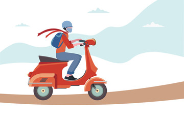 Courier for the delivery of goods on a motorcycle. Online service with delivery.