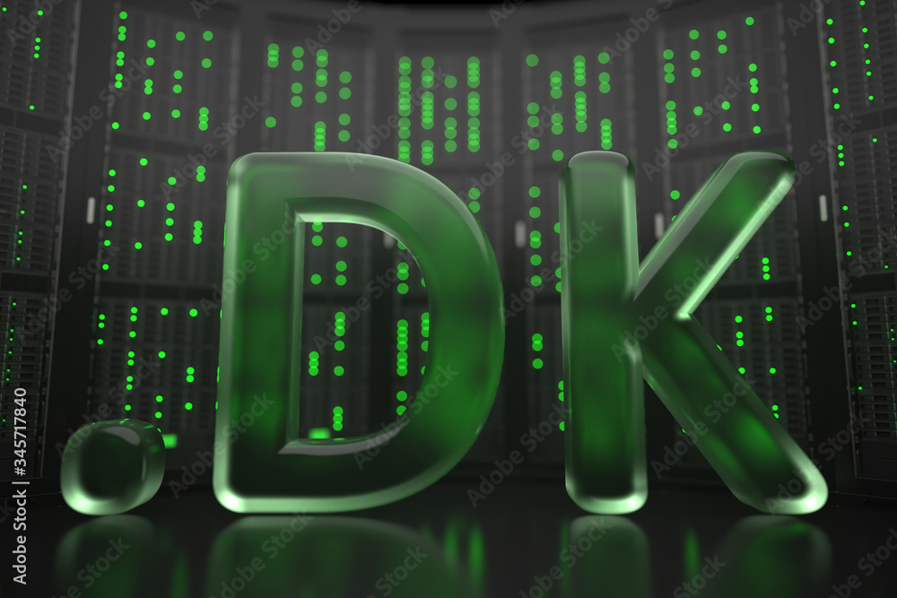 Poster danish domain .dk on server room background. internet in denmark related conceptual 3d rendering