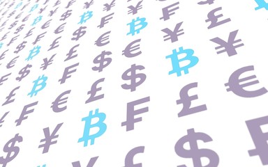 Bitcoin and currency on a white background. Digital crypto currency symbol. Business concept. Market Display. 3D illustration