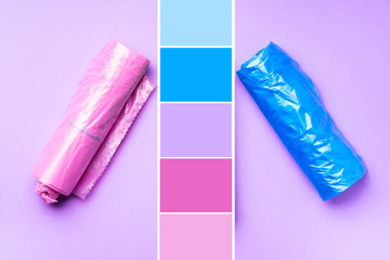 Plastic bags colorful rolls for separate waste collection disposal on purple pastel background. Color swatch