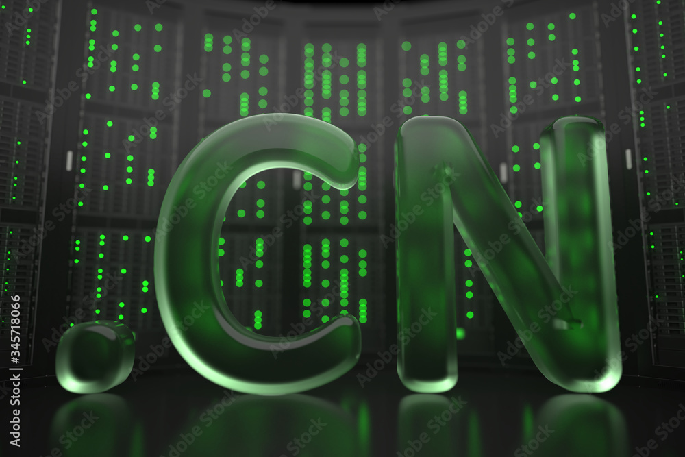 Poster chinese domain .cn on server room background. internet in china related conceptual 3d rendering