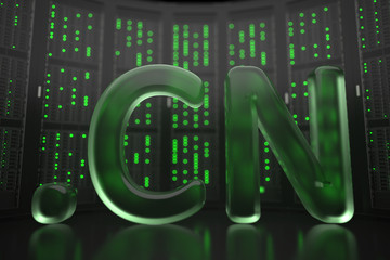 Chinese domain .cn on server room background. Internet in China related conceptual 3D rendering