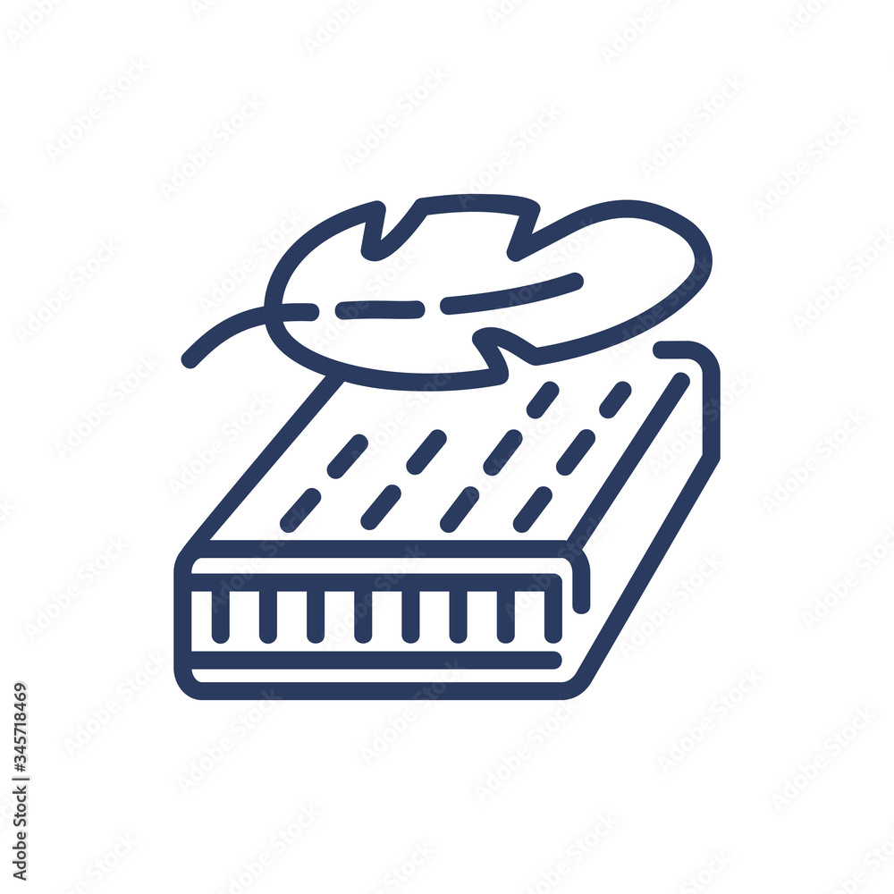 Poster mattress with feather thin line icon. bird, soft, rest isolated sign. comfort and sleeping concept. 