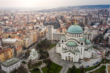 Aerial view of the temple of St. Sava in Belgrade, Serbia on a sunny say