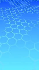 Translucent, with breaks, honeycomb on a gradient blue sky background. Perspective view on polygon look like honeycomb. Isometric geometry. 3D illustration