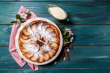 Traditional New York cuisine. cheesecake decorated with apple topping vanilla cream. banner menu...